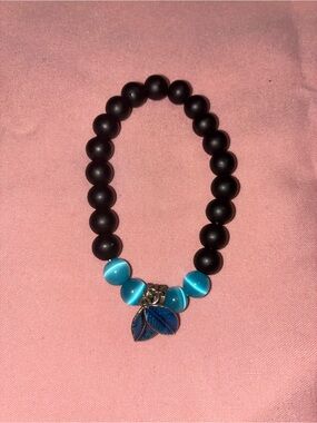 Black and Blue Beaded Leaf Charm Bracelet